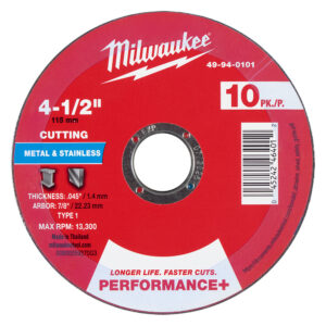 49-94-0101 Disco de corte para metal Performance+ 4-1/2" x .045" x 7/8" – Tipo 1 – Paquete de 10