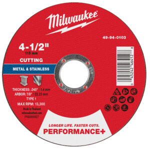 49-94-0103 Disco de corte para metal Performance+ 4-1/2" x .045" x 7/8" – Tipo 1