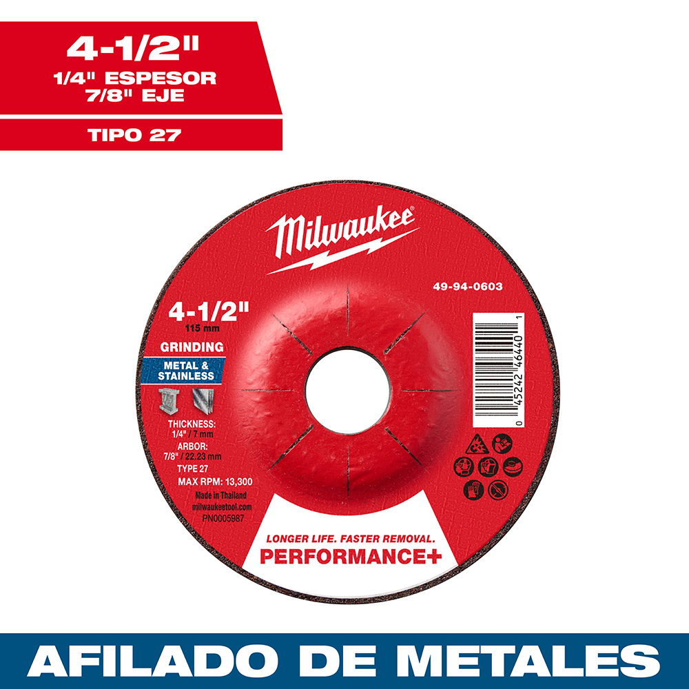 49-94-0603 Disco de desbaste para metal Performance+ 4-1/2" x 1/4" x 7/8" – Tipo 27 - Imagen 2